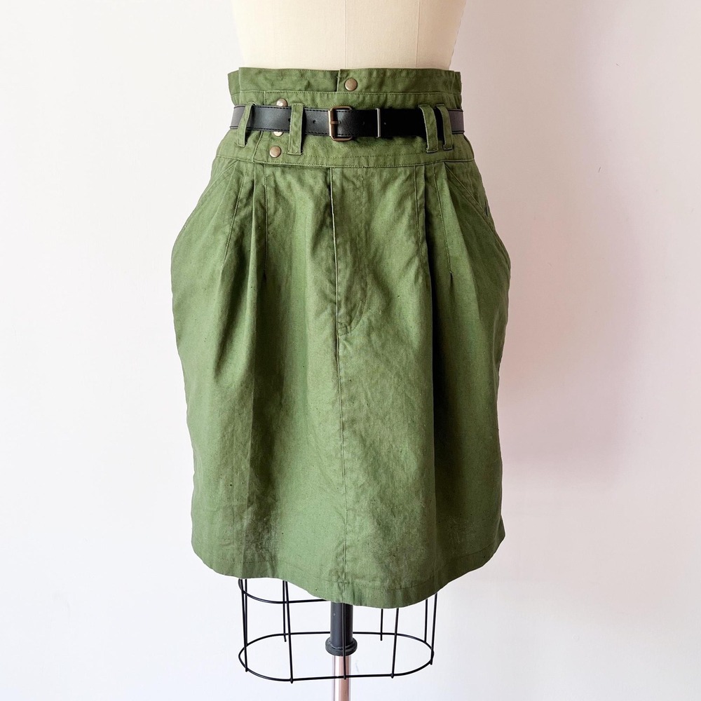 Safari Vintage Olive Green Cotton Pleated High Waist Skirt Belted Military‎